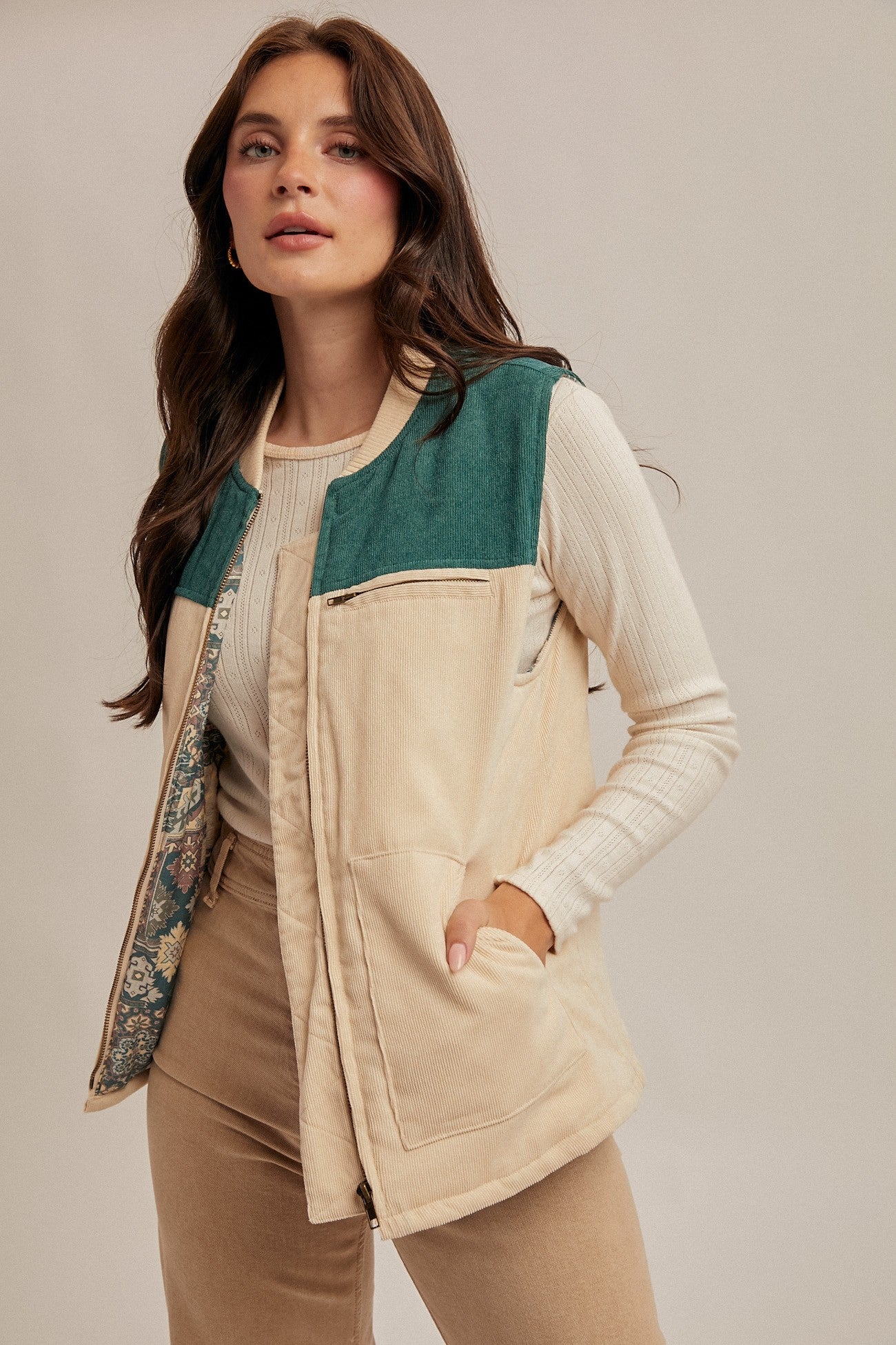 Color Block Corduroy Fisherman Vest