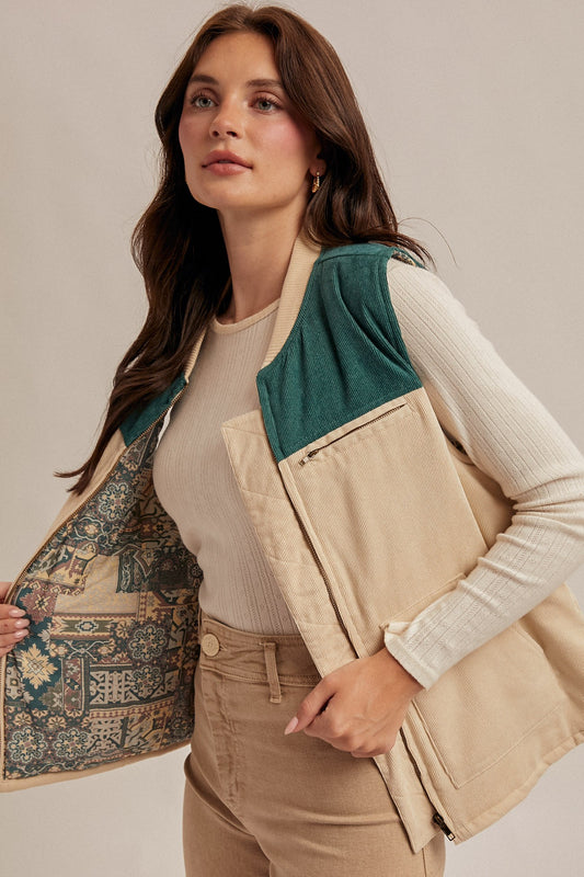 Color Block Corduroy Fisherman Vest