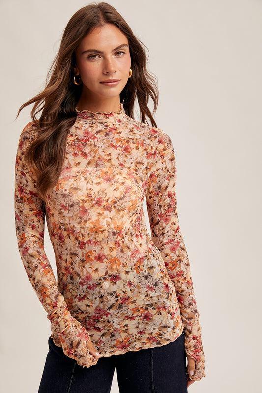 Floral Mesh Print Mock Top Long Sleeve