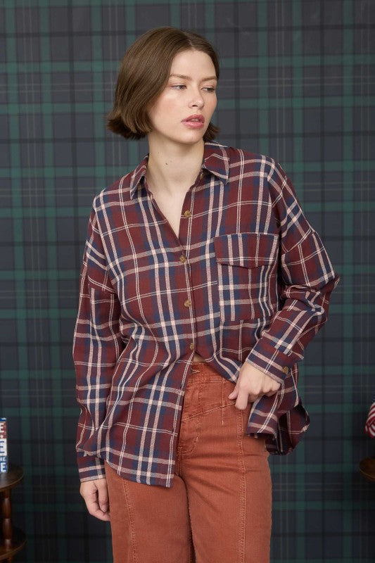 Plaid Button Down Pocket Detail Long Sleeve Shirt