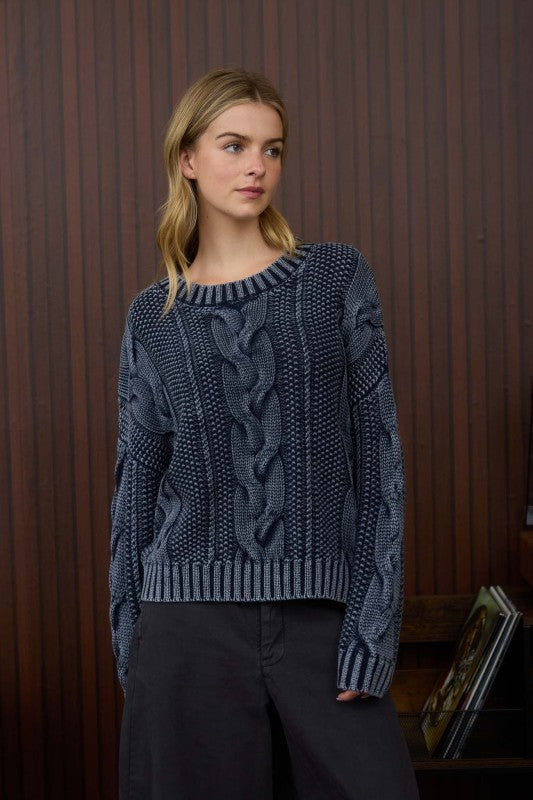 Washed Cable Knit Pullover Sweater
