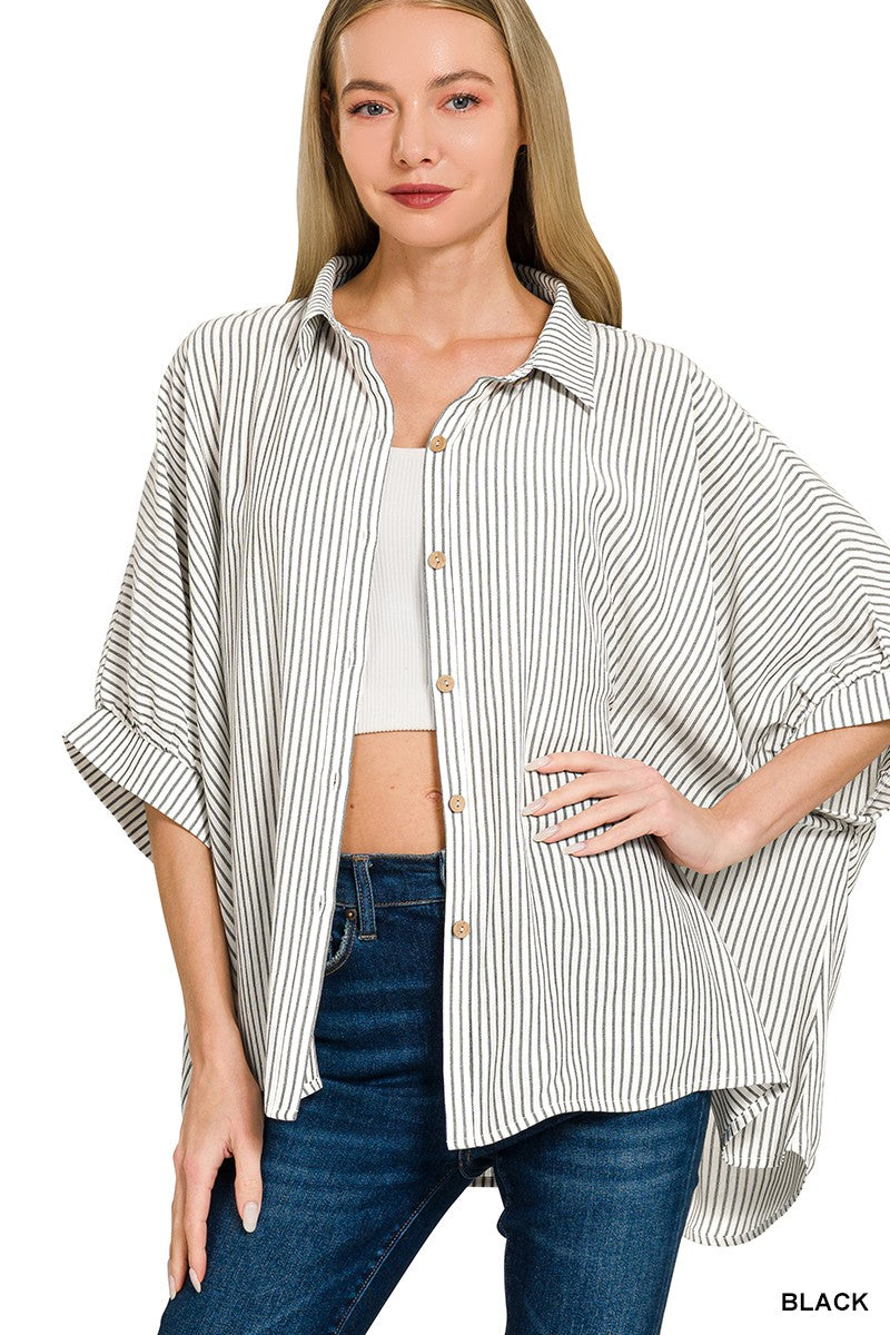 Woven Stripe Button Down Boxy Top