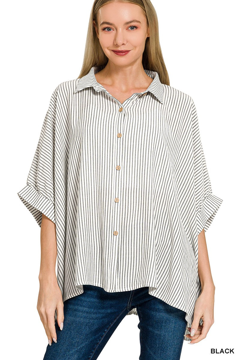 Woven Stripe Button Down Boxy Top