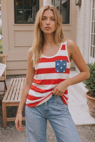 Stripe Tank w/ Star Pocket & Bow Back