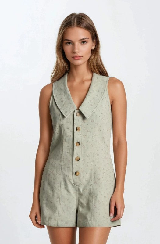 Chambray Floral Button-front Sleeveless Romper