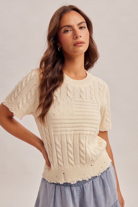 Crew Neck Cable Knit American Flag Sweater