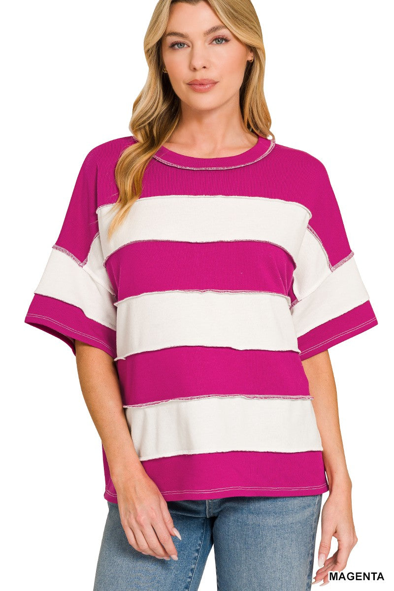 French Terry Striped Exposed Seam Top