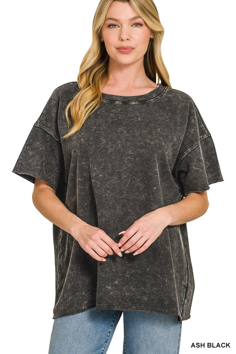 Acid Wash French Terry Drop Shoulder Raw Edge Top