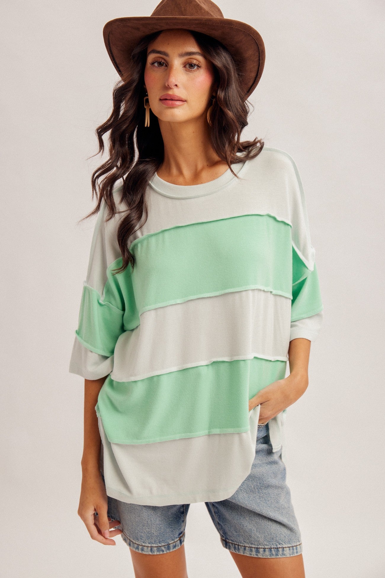 Stripe Color Block Oversized Top Side Slit