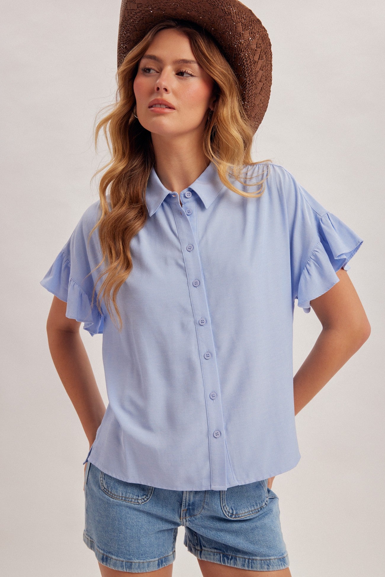 Ruffle Sleeve Pleated Detail Button Down Shirt