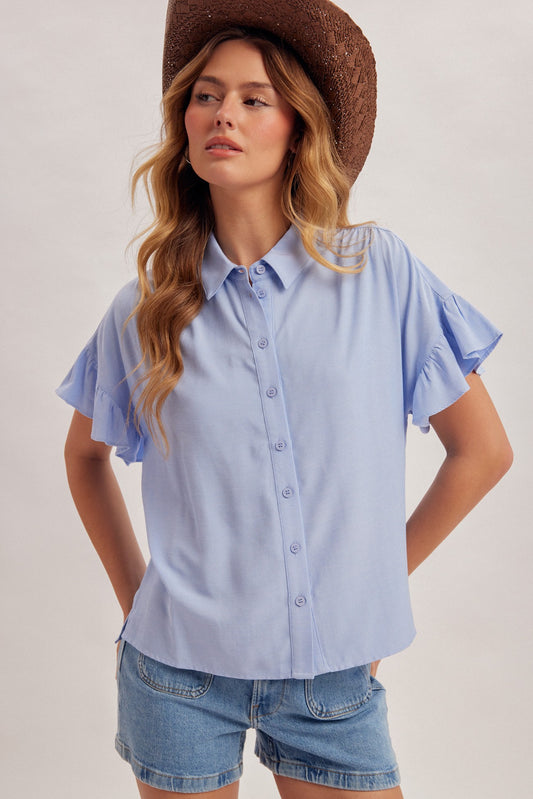 Ruffle Sleeve Pleated Detail Button Down Shirt