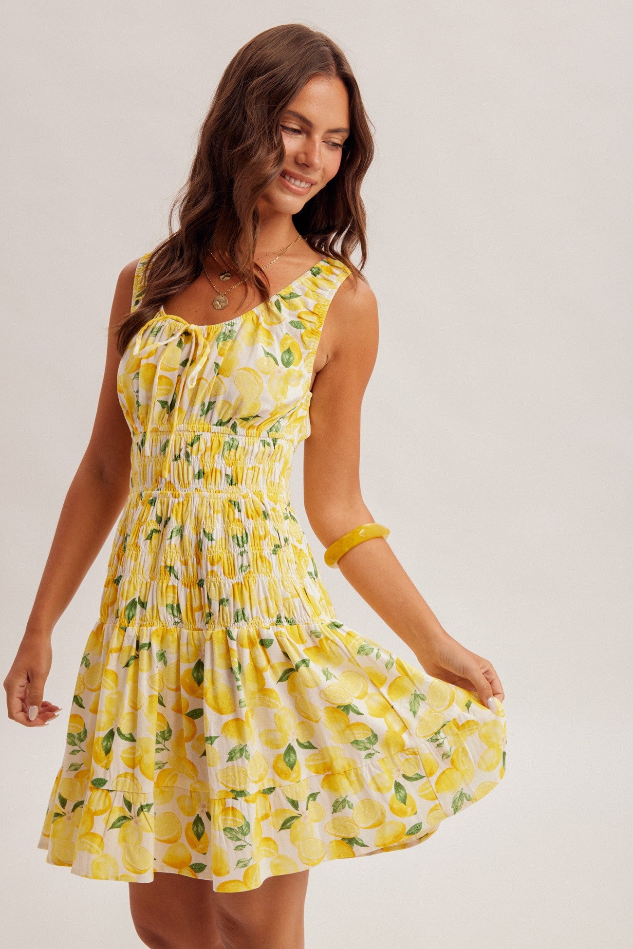 Scoop Neck Smocked Waist Lemon Print Mini Dress