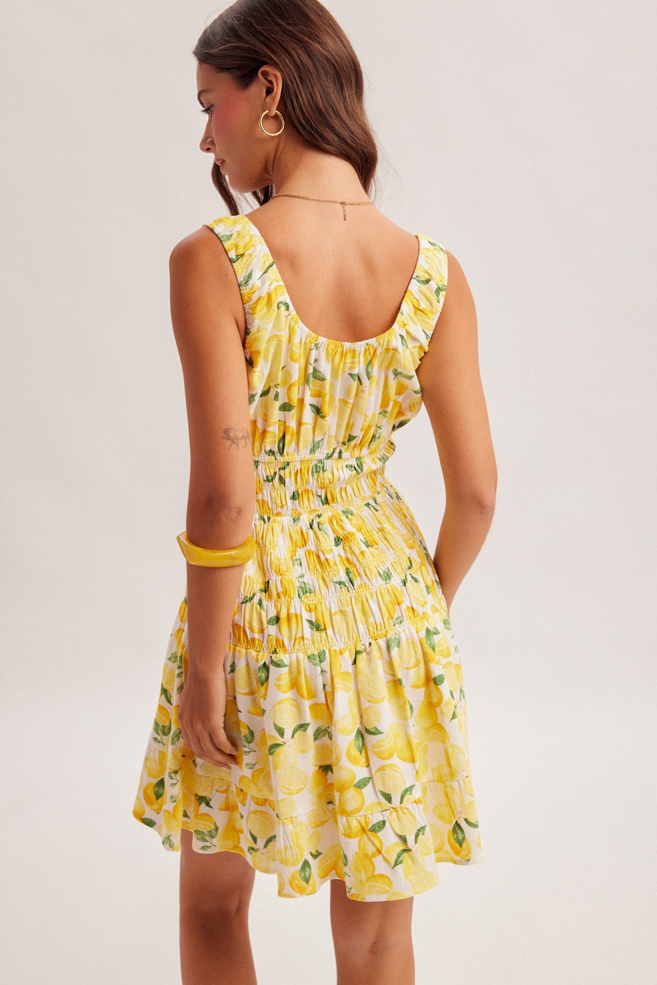 Scoop Neck Smocked Waist Lemon Print Mini Dress