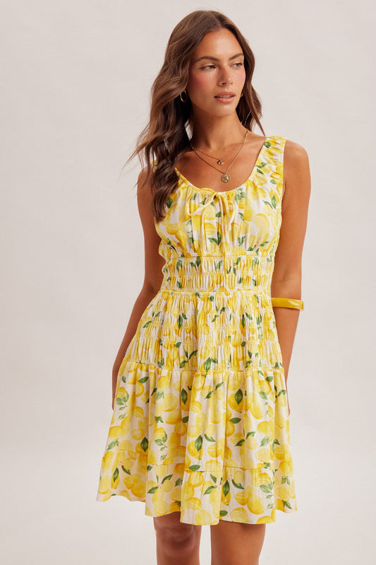 Scoop Neck Smocked Waist Lemon Print Mini Dress