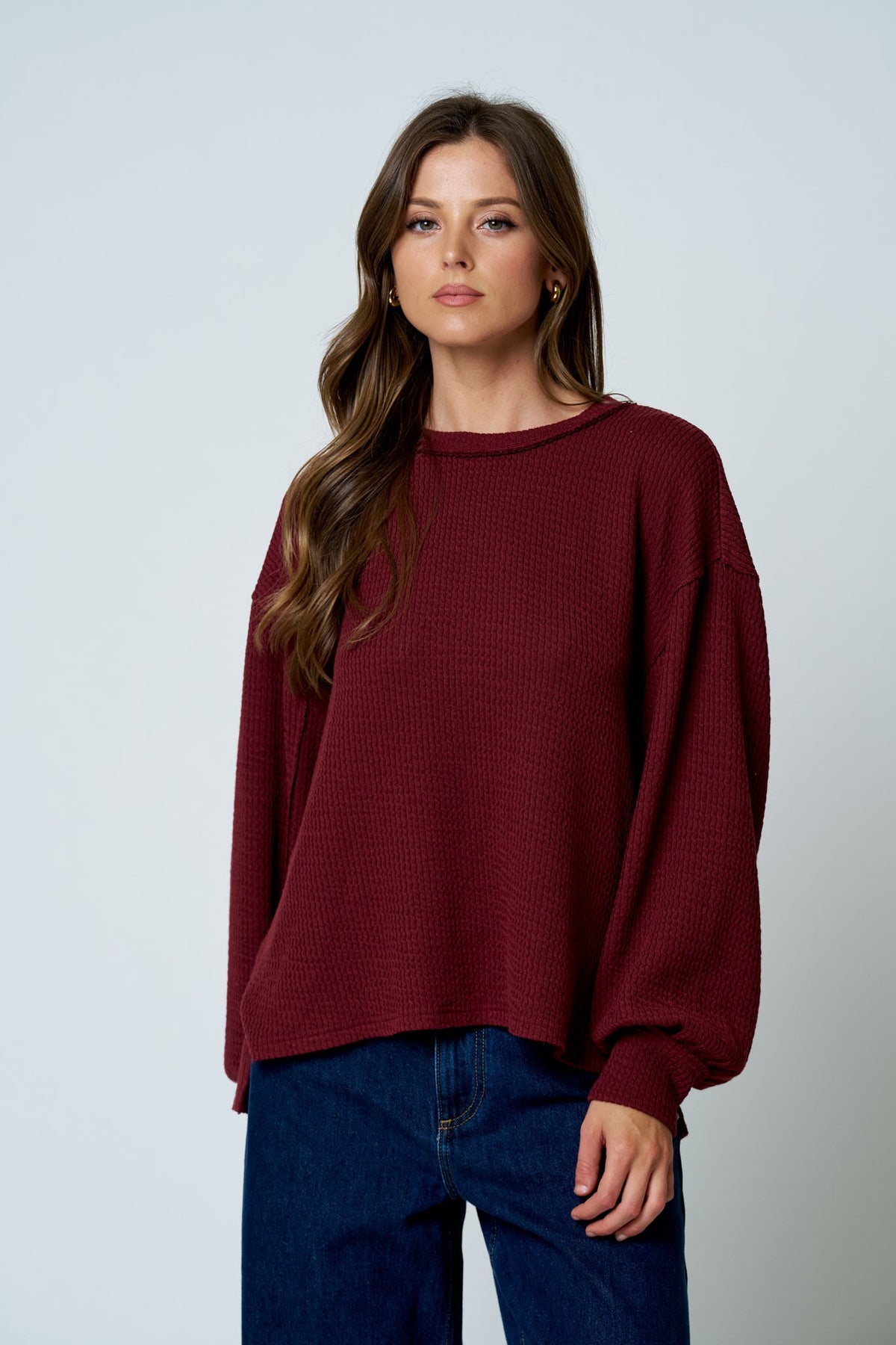 Textured Exposed Seam Long Sleeve Top