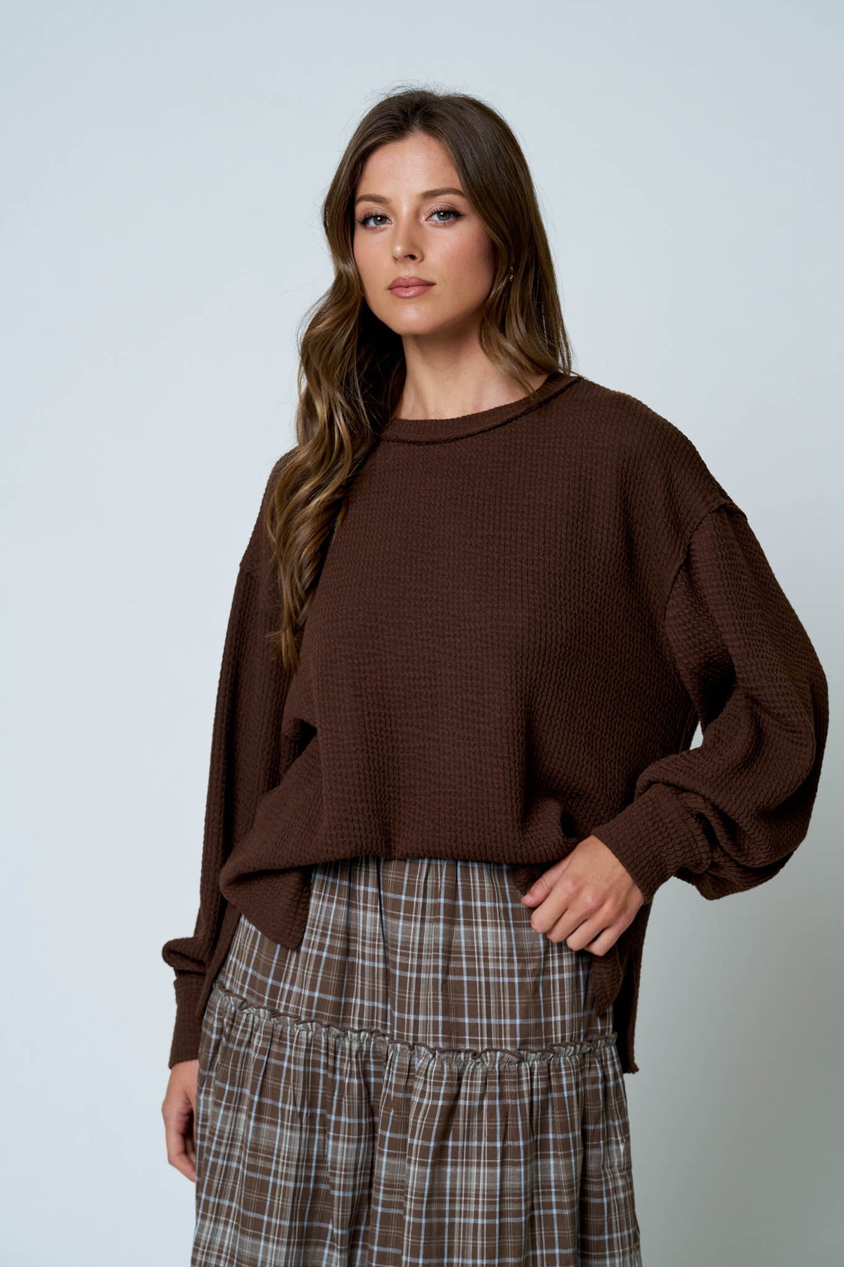Textured Exposed Seam Long Sleeve Top