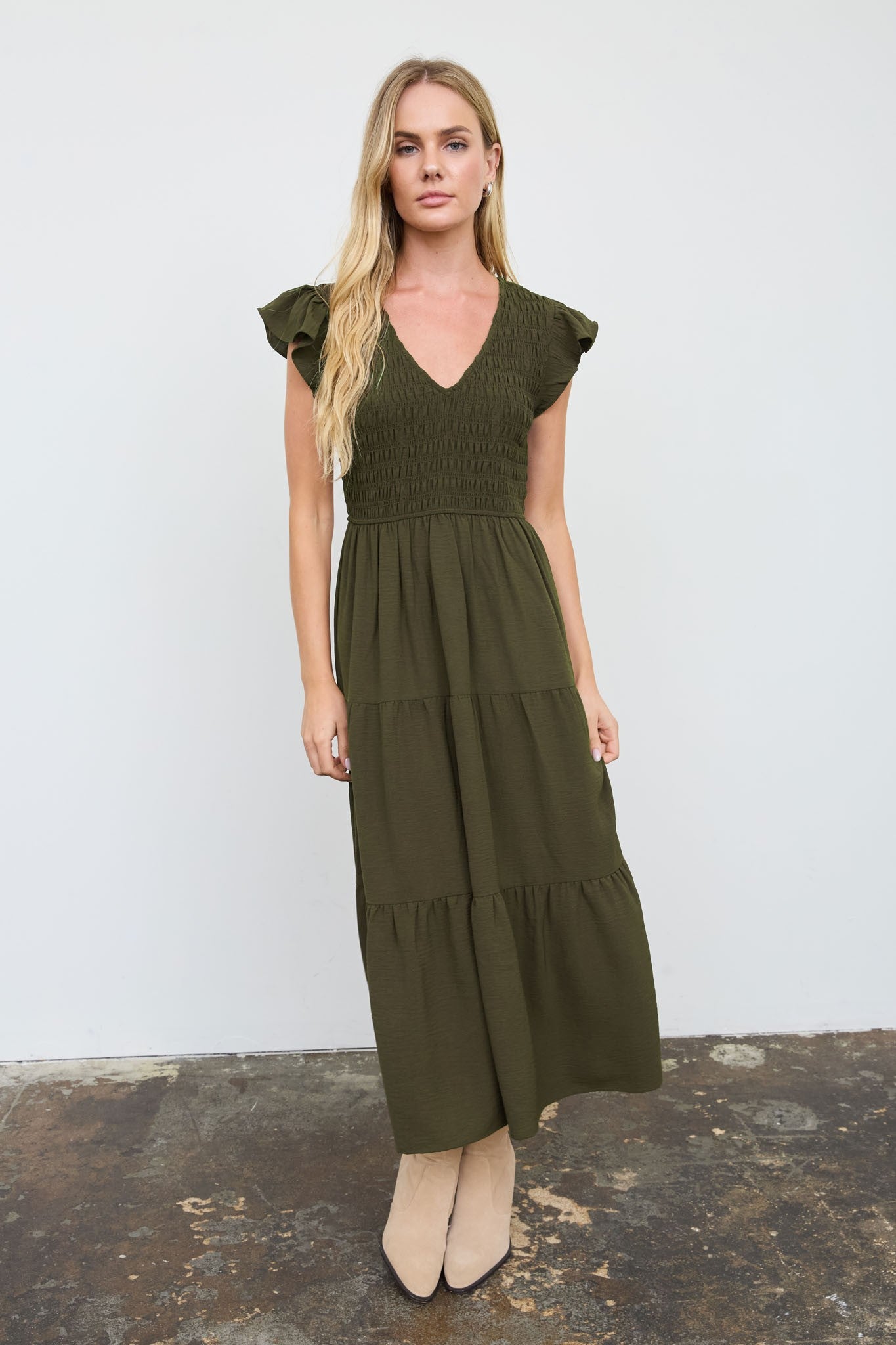 Flutter Sleeve V Neck Smocked Midi Dress