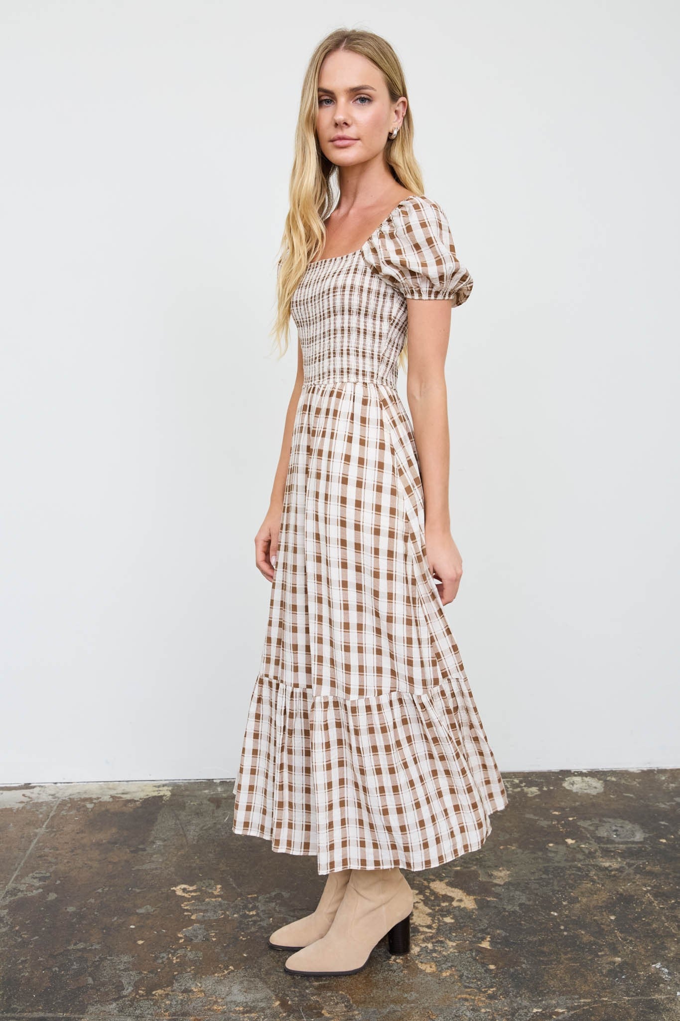 Plaid Smocked Puff Sleeve Tiered Midi Dress