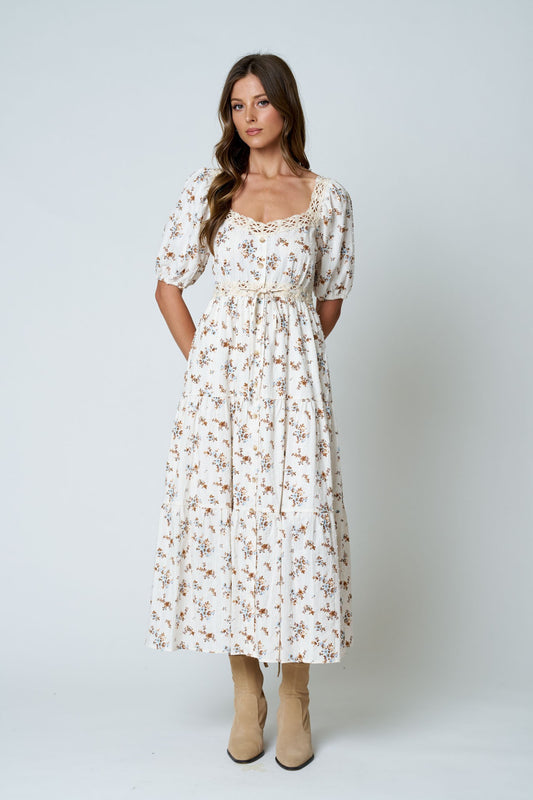 Floral Clip Dot Crochet Lace Trim Midi Dress