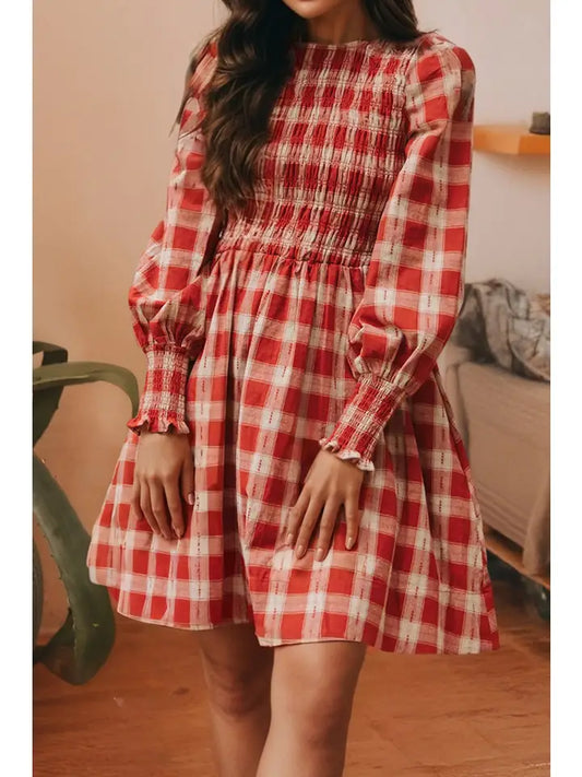 Plaid Print Long Sleeve Smocked Flared Mini Dress