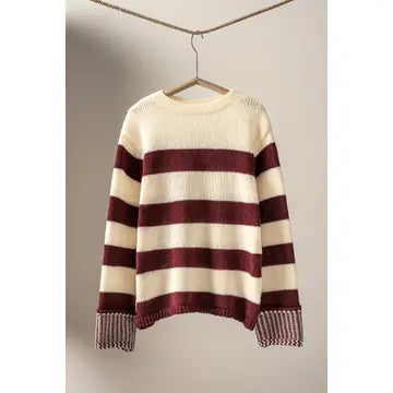 Striped Relaxed Knit Sweater - Burgandy