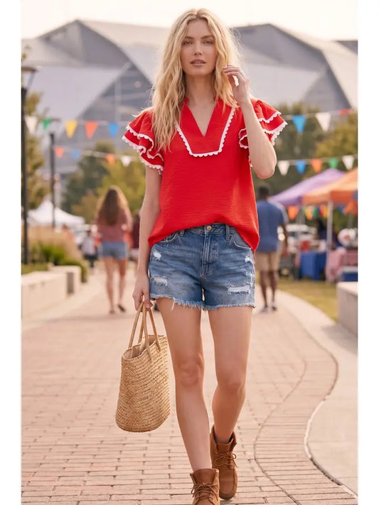 Ruffle Sleeve Scallop Trim Top