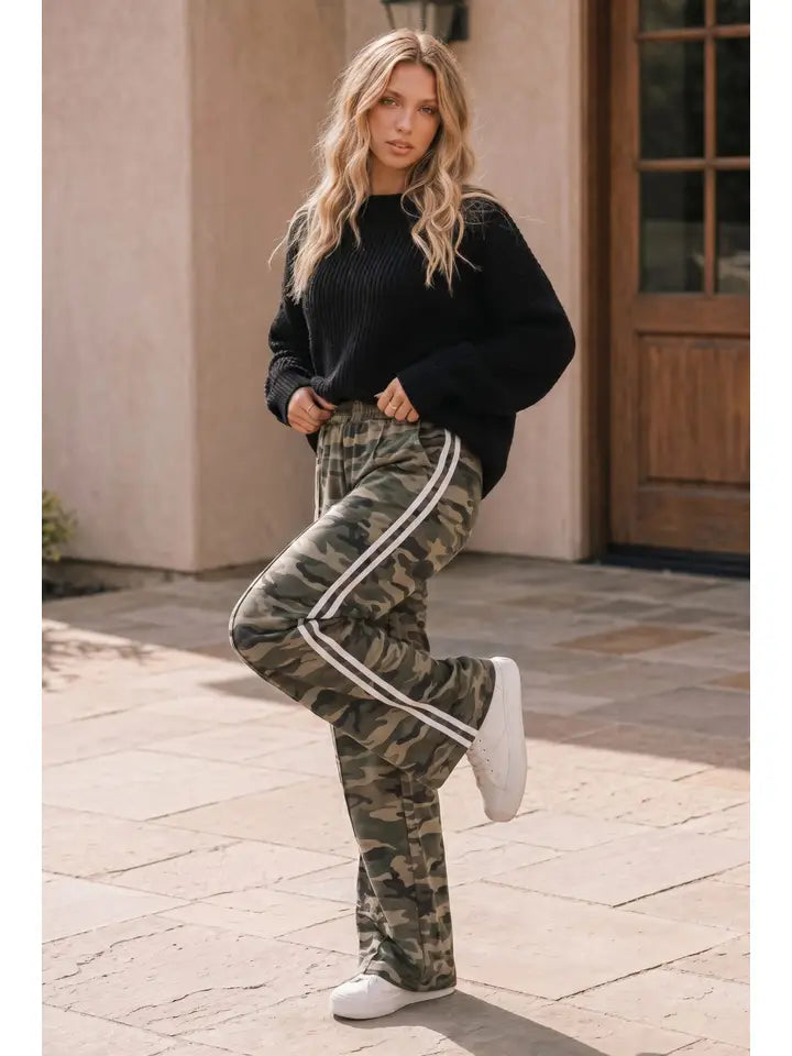Camo Wide Leg Pants with Double Side Stripe