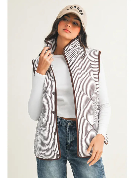 Stripe Contrast Trim Button Collared Vest