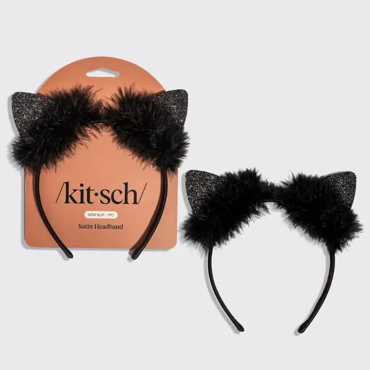 Satin Cat Ears Headband - Black Glitter