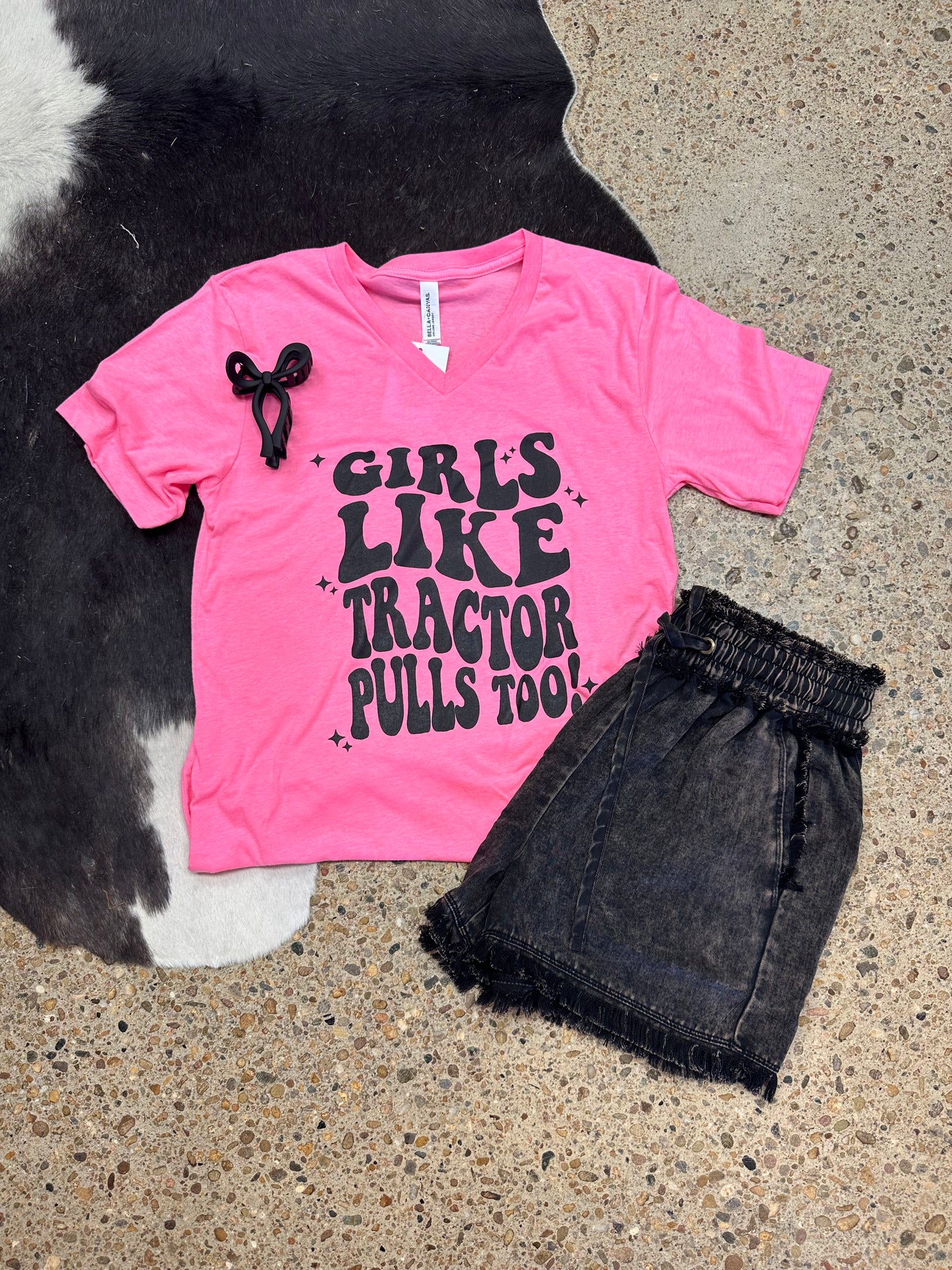 Girls Like Tractor Pull Too Neon Pink Vneck Tshirt