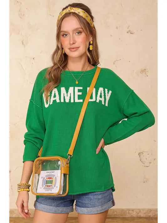 Game Day" Graphic Knit Sweater Green