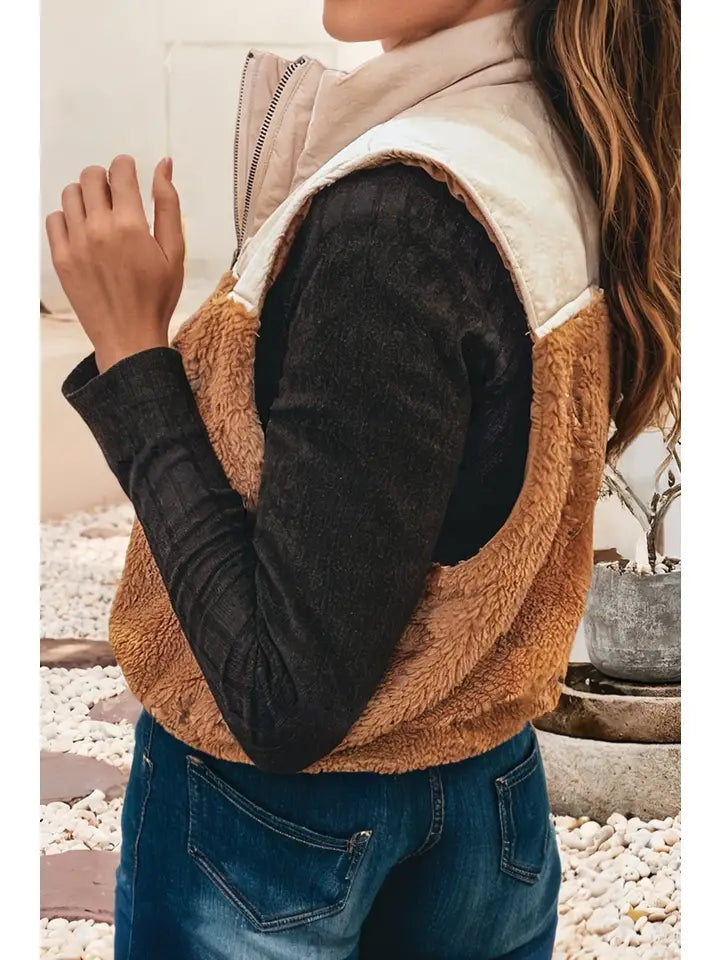 Color Block Plush Patchwork Zipper Vest