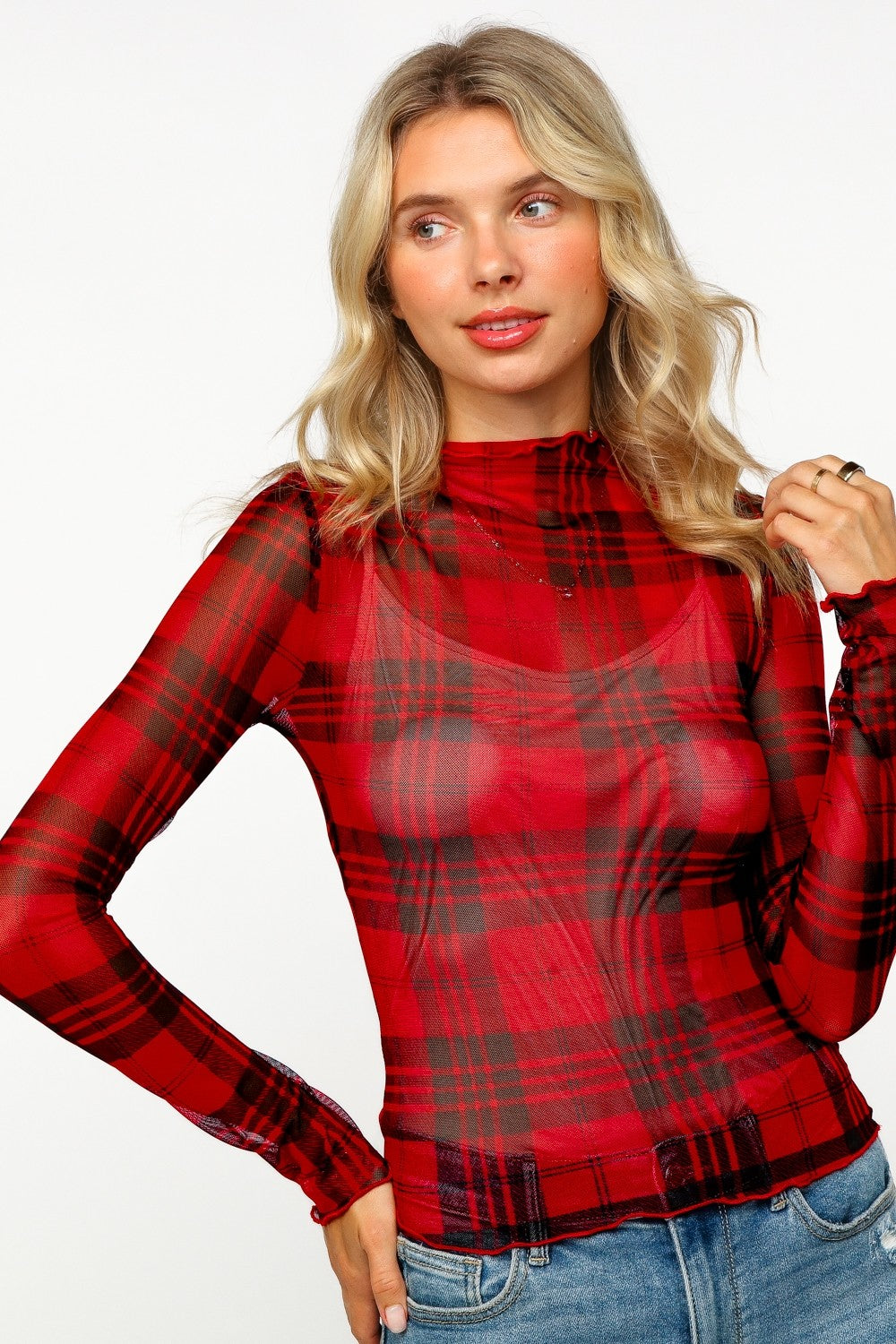 Semi Sheer Check Print Mesh Top
