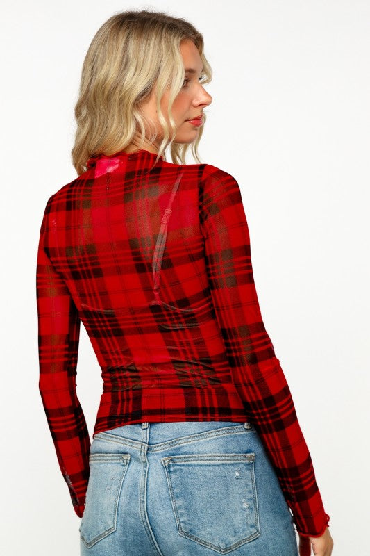 Semi Sheer Check Print Mesh Top