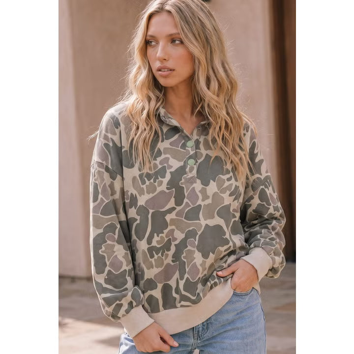 Fit Snap Button Collar Pullover Sweatshirt