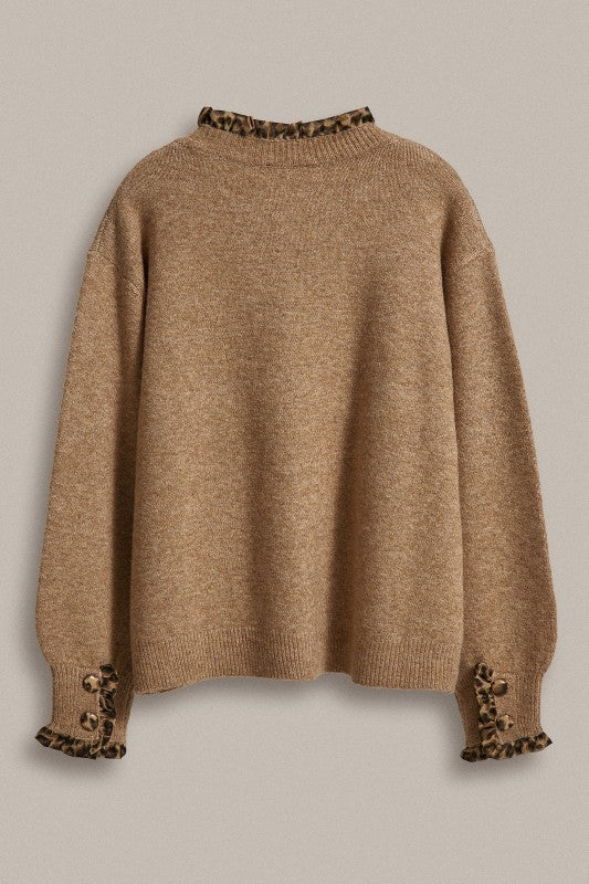 Leopard Ruffle Trim Knit Cardigan