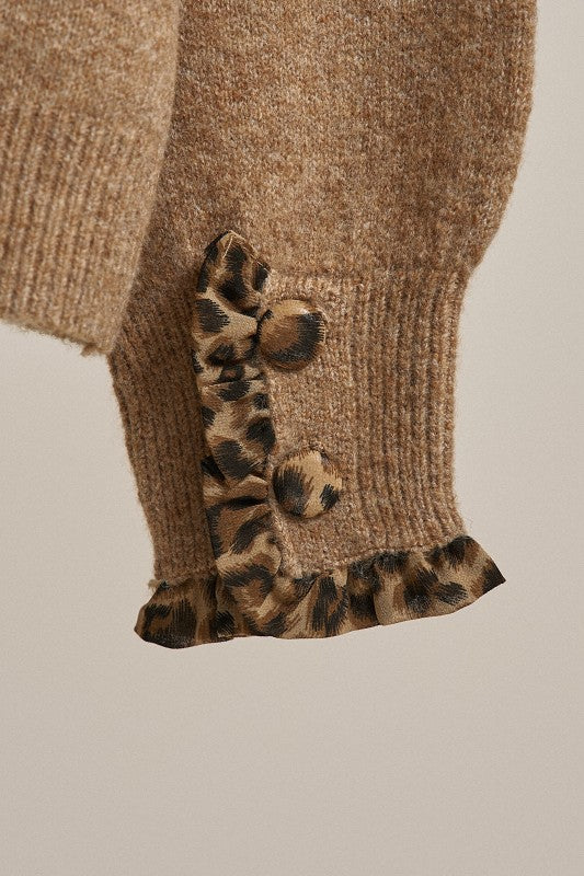 Leopard Ruffle Trim Knit Cardigan