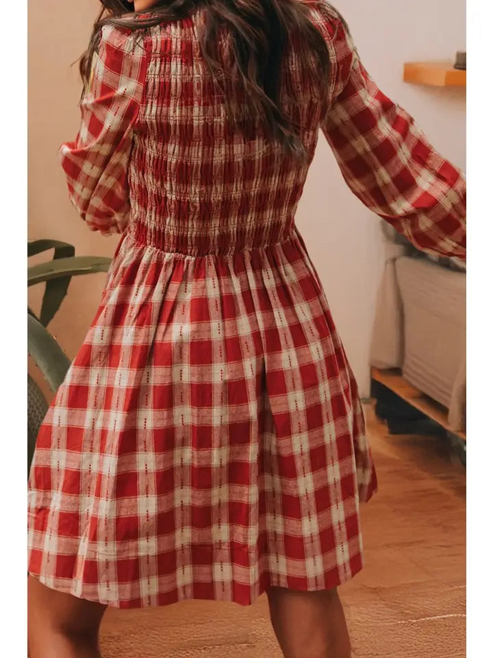 Plaid Print Long Sleeve Smocked Flared Mini Dress