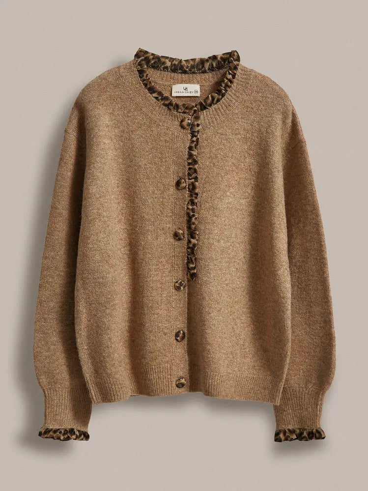 Leopard Ruffle Trim Knit Cardigan