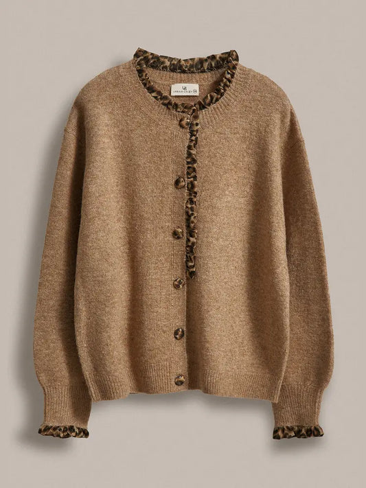 Leopard Ruffle Trim Knit Cardigan